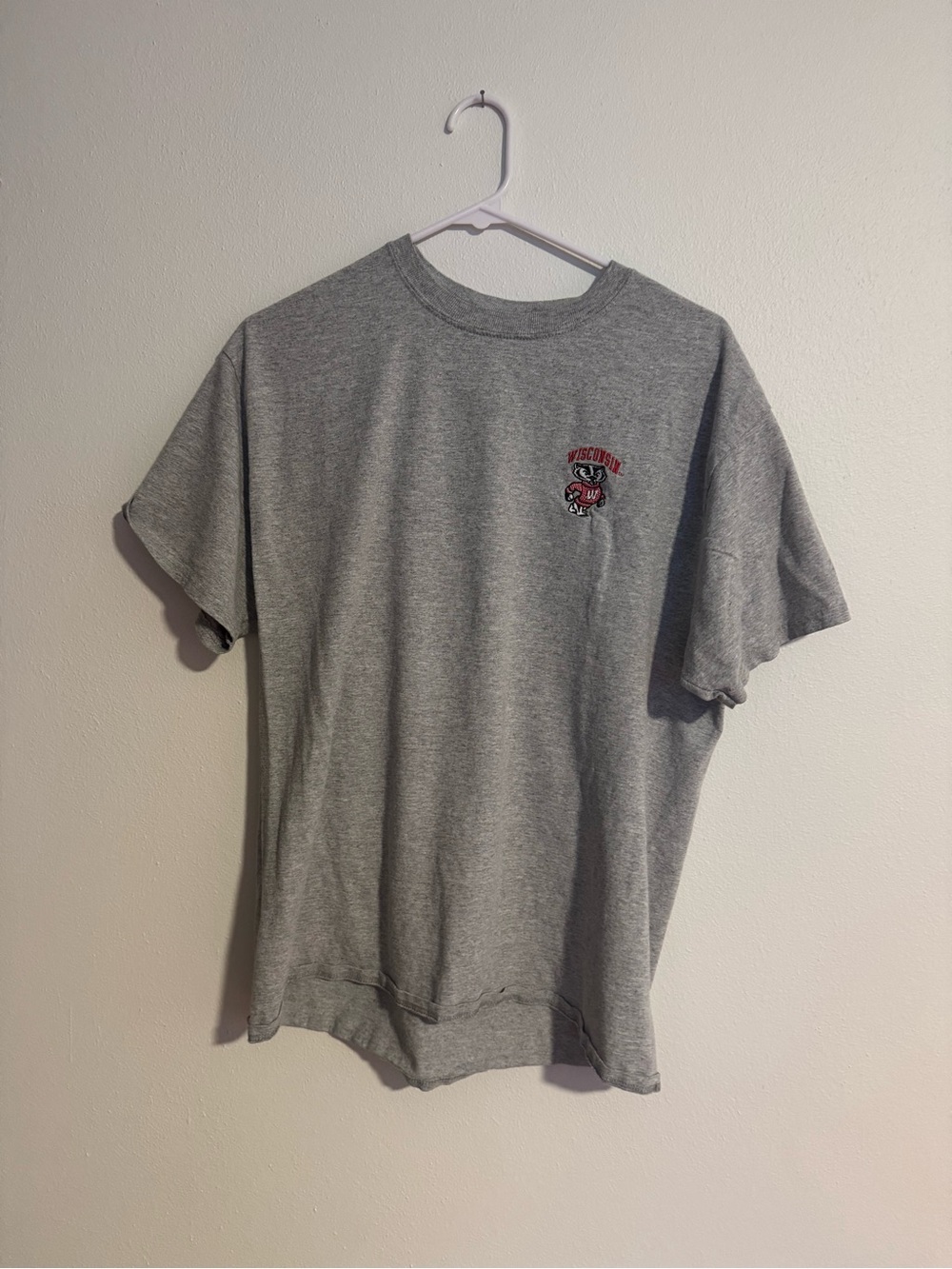 Gray Short-SleeveT-Shirt with Small Wisconsin Badger Graphic